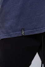 Navy RI Oversized Dura Cotton Short Sleeve Tee showing, stonewash finish, and woven hem clip label by TLF Apparel – detail view