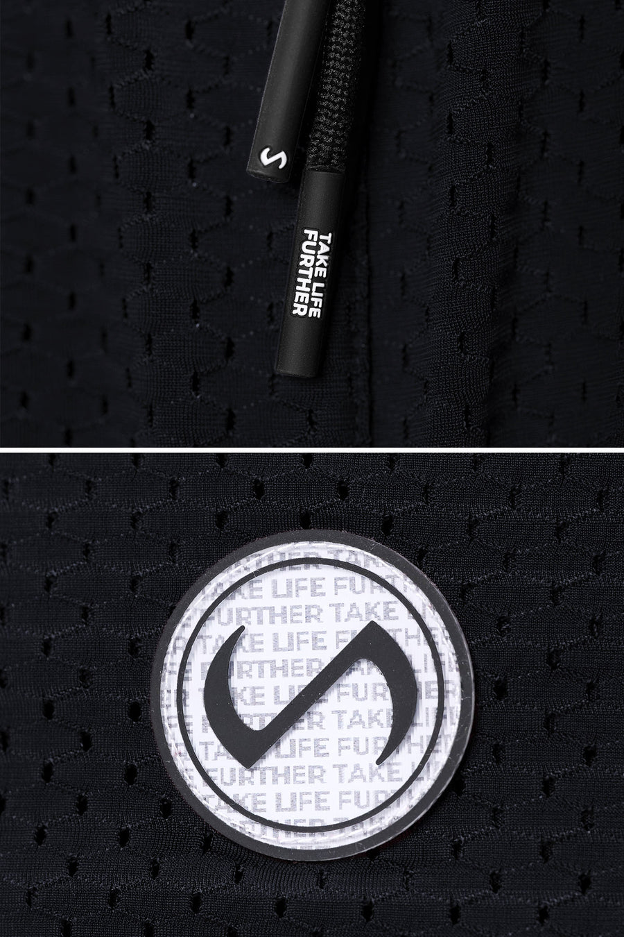 Black Reps Mesh 5 Inch Fitted Shorts showing Mesh Tech DNA™ fabric, side split hem construction, and premium details by TLF Apparel – detail view