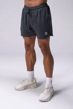 Grey Reps Mesh 5 Inch Fitted Shorts with lightweight breathable mesh fabric, zip pockets, and 4-way stretch performance for gym training and workouts by TLF Apparel – front view
