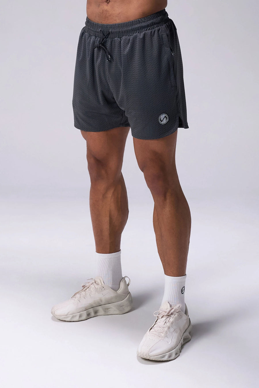 Grey Reps Mesh 5 Inch Fitted Shorts with lightweight breathable mesh fabric, zip pockets, and 4-way stretch performance for gym training and workouts by TLF Apparel – front view