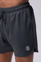 Grey Reps Mesh 5 Inch Fitted Shorts showing athletic side silhouette, side split hems, and zip pocket storage by TLF Apparel – side view