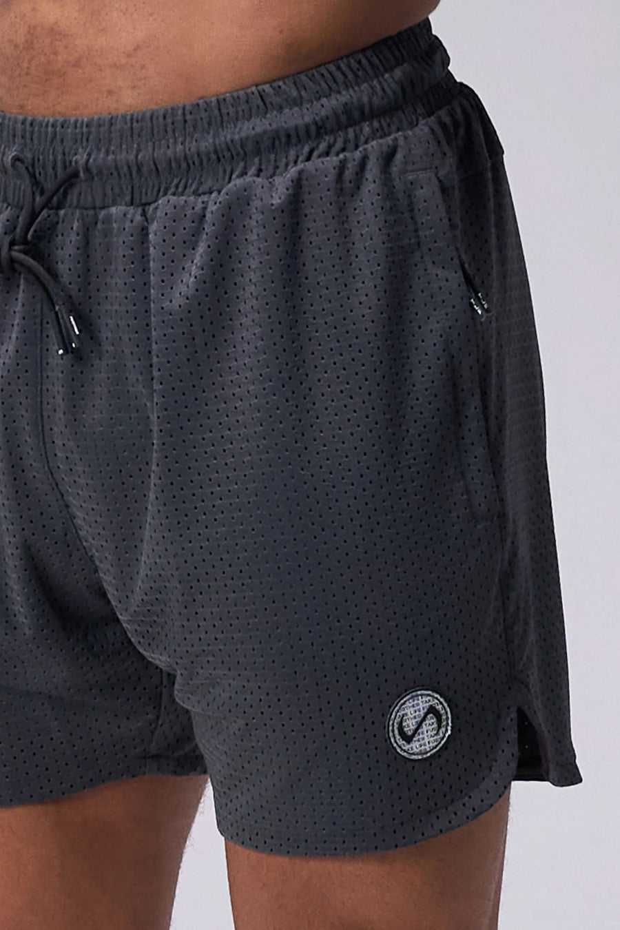 Grey Reps Mesh 5 Inch Fitted Shorts showing athletic side silhouette, side split hems, and zip pocket storage by TLF Apparel – side view