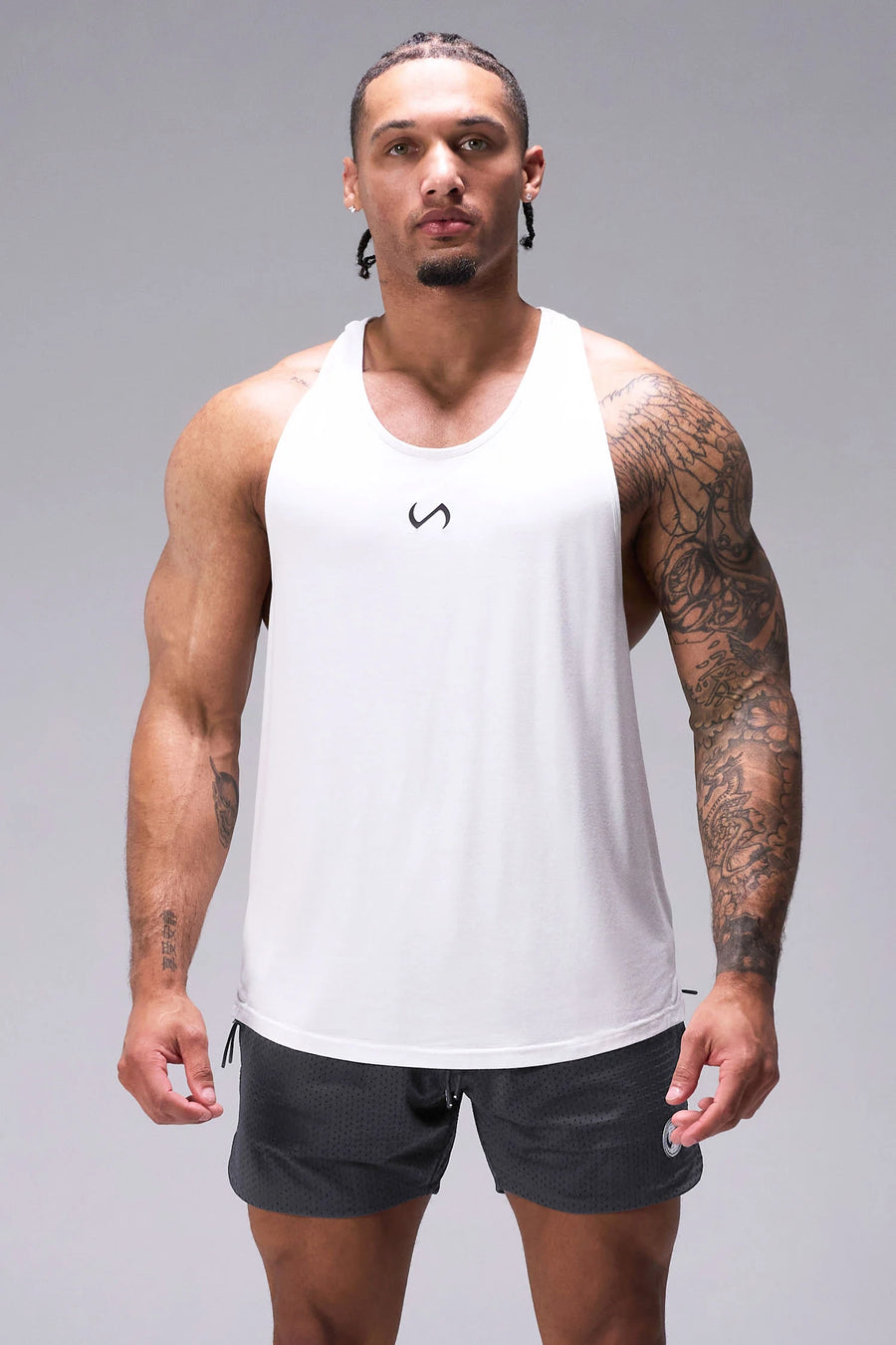 Grey Reps Mesh 5 Inch Fitted Shorts with fitted athletic silhouette, zip pockets, and lightweight mesh fabric for training by TLF Apparel – front view