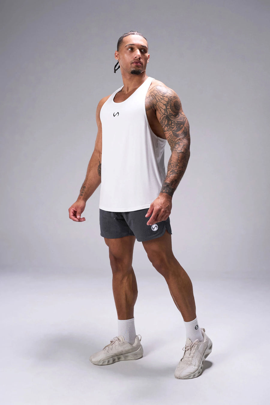 Grey Reps Mesh 5 Inch Fitted Shorts showing 5 inch inseam fit, fitted athletic silhouette, and unrestricted mobility by TLF Apparel – side view