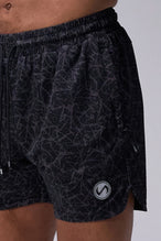 Black Splatter Print Reps Mesh 5 Inch Fitted Shorts showing athletic side silhouette, side split hems, and zip pocket storage by TLF Apparel – side view