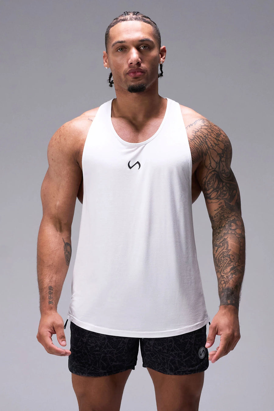 Black Splatter Print Reps Mesh 5 Inch Fitted Shorts with fitted athletic silhouette, zip pockets, and lightweight mesh fabric for training by TLF Apparel – front view
