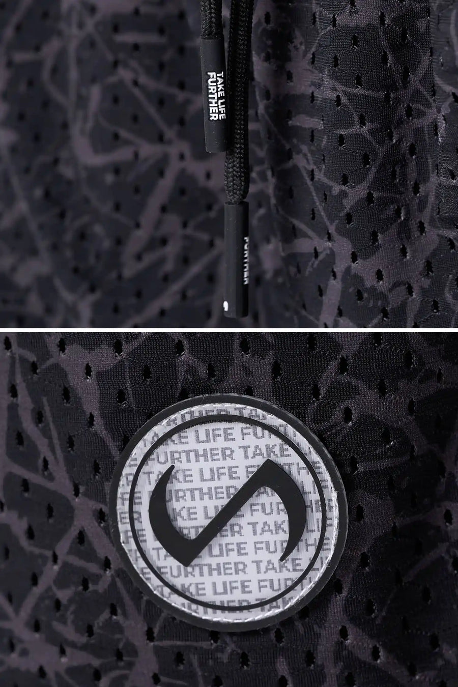 Black Splatter Print Reps Mesh 5 Inch Fitted Shorts showing Mesh Tech DNA™ fabric, side split hem construction, and premium details by TLF Apparel – detail view