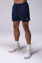 Navy Reps Mesh 5 Inch Fitted Shorts with lightweight breathable mesh fabric, zip pockets, and 4-way stretch performance for gym training and workouts by TLF Apparel – front view