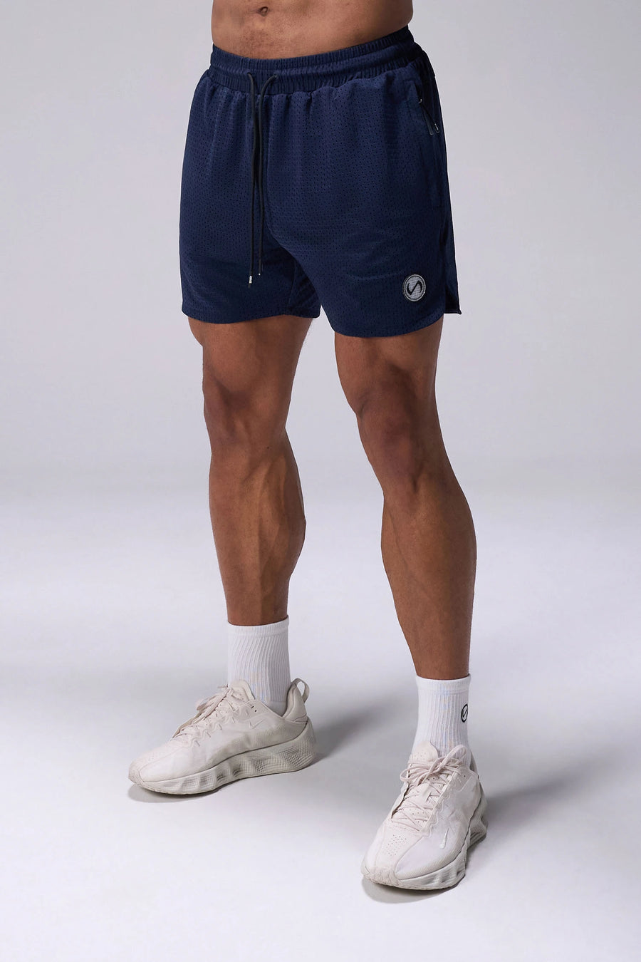 Navy Reps Mesh 5 Inch Fitted Shorts with lightweight breathable mesh fabric, zip pockets, and 4-way stretch performance for gym training and workouts by TLF Apparel – front view