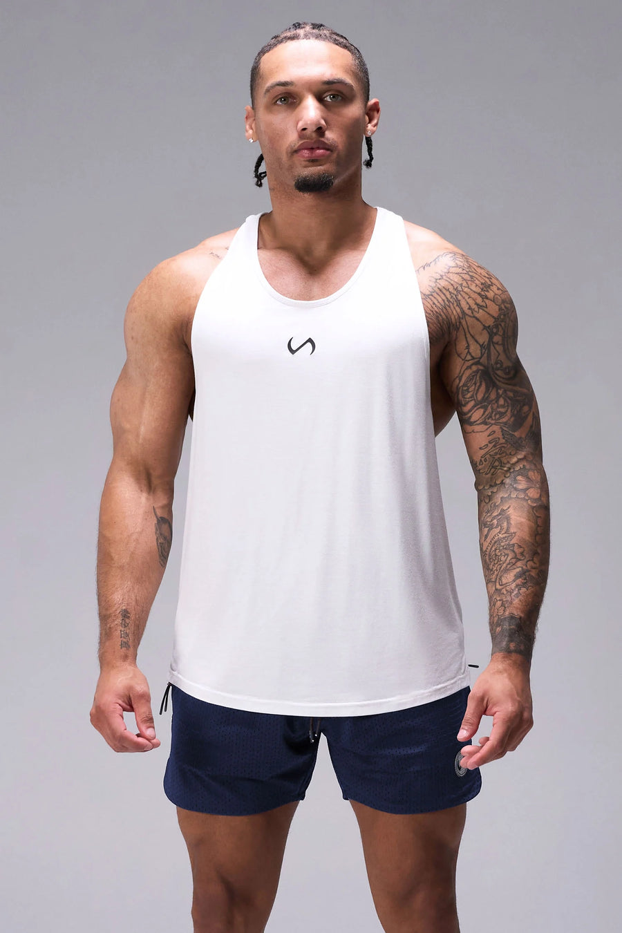 Navy Reps Mesh 5 Inch Fitted Shorts with fitted athletic silhouette, zip pockets, and lightweight mesh fabric for training by TLF Apparel – front view