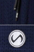 Navy Reps Mesh 5 Inch Fitted Shorts showing Mesh Tech DNA™ fabric, side split hem construction, and premium details by TLF Apparel – detail view