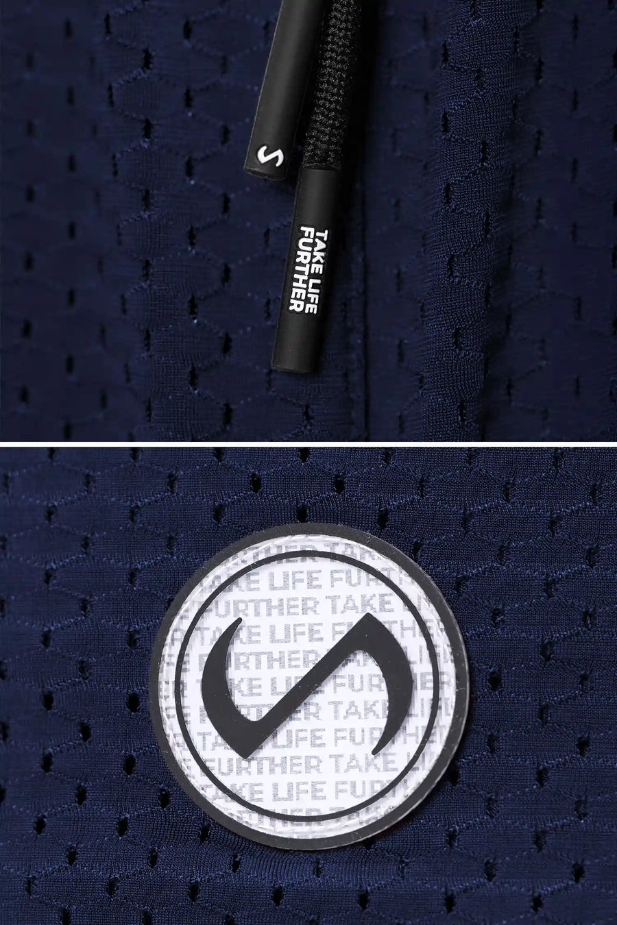 Navy Reps Mesh 5 Inch Fitted Shorts showing Mesh Tech DNA™ fabric, side split hem construction, and premium details by TLF Apparel – detail view