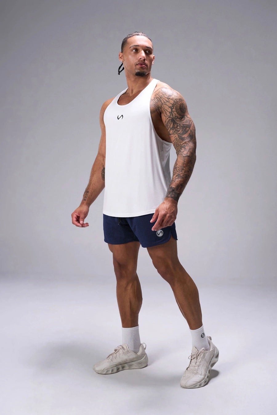 Navy Reps Mesh 5 Inch Fitted Shorts showing 5 inch inseam fit, fitted athletic silhouette, and unrestricted mobility by TLF Apparel – side view