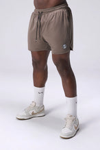 Taupe Reps Mesh 5 Inch Fitted Shorts with lightweight breathable mesh fabric, zip pockets, and 4-way stretch performance for gym training and workouts by TLF Apparel – front view