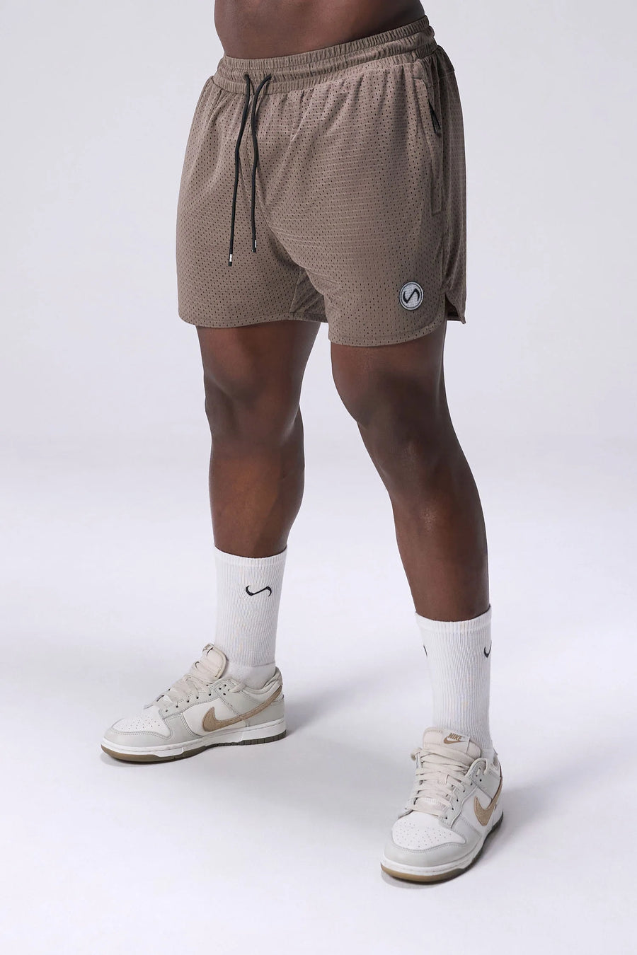 Taupe Reps Mesh 5 Inch Fitted Shorts with lightweight breathable mesh fabric, zip pockets, and 4-way stretch performance for gym training and workouts by TLF Apparel – front view
