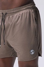 Taupe Reps Mesh 5 Inch Fitted Shorts showing athletic side silhouette, side split hems, and zip pocket storage by TLF Apparel – side view