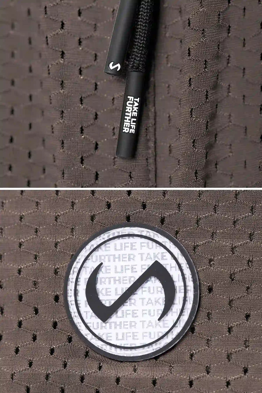 Taupe Reps Mesh 5 Inch Fitted Shorts showing Mesh Tech DNA™ fabric, side split hem construction, and premium details by TLF Apparel – detail view