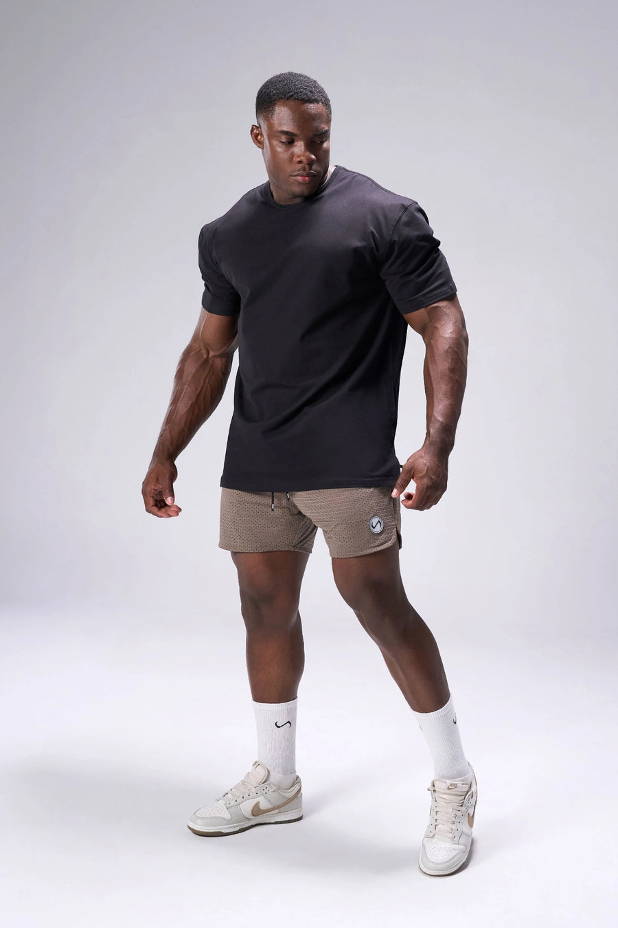 Taupe Reps Mesh 5 Inch Fitted Shorts showing 5 inch inseam fit, fitted athletic silhouette, and unrestricted mobility by TLF Apparel – side view