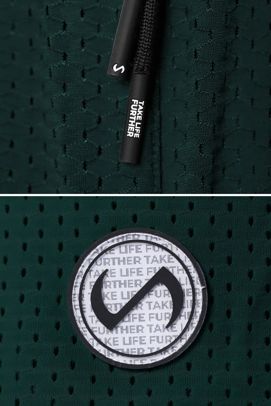 Green Reps Mesh 5 Inch Fitted Shorts showing Mesh Tech DNA™ fabric, side split hem construction, and premium details by TLF Apparel – detail view
