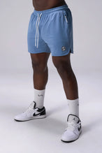 Light Blue Reps Mesh 5 Inch Fitted Shorts with lightweight breathable mesh fabric, zip pockets, and 4-way stretch performance for gym training and workouts by TLF Apparel – front view