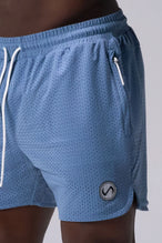 Light Blue Reps Mesh 5 Inch Fitted Shorts showing athletic side silhouette, side split hems, and zip pocket storage by TLF Apparel – side view