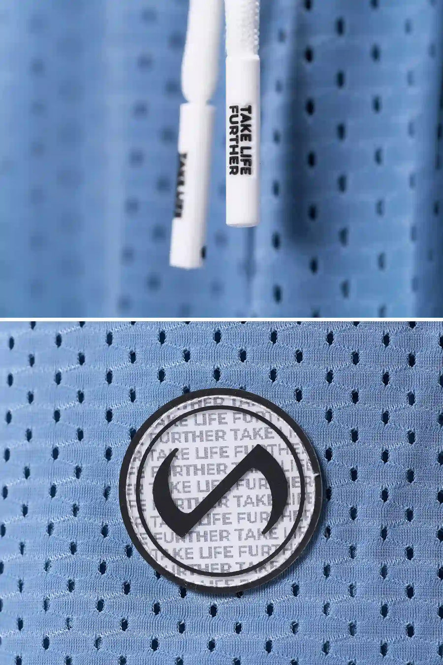 Light Blue Reps Mesh 5 Inch Fitted Shorts showing Mesh Tech DNA™ fabric, side split hem construction, and premium details by TLF Apparel – detail view