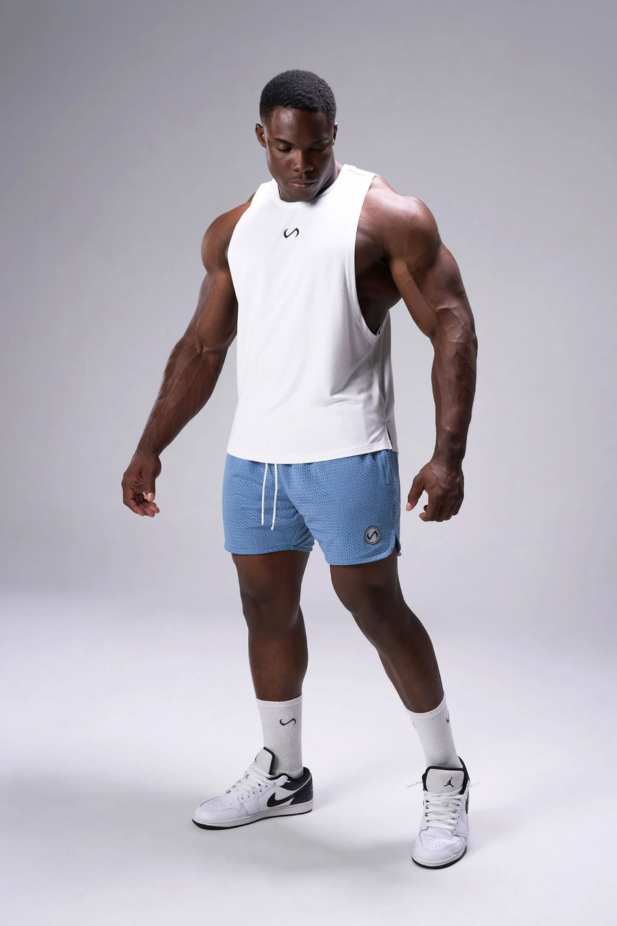 Light Blue Reps Mesh 5 Inch Fitted Shorts showing 5 inch inseam fit, fitted athletic silhouette, and unrestricted mobility by TLF Apparel – side view