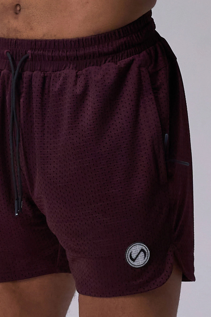 Maroon Reps Mesh 5 Inch Fitted Shorts showing athletic side silhouette, side split hems, and zip pocket storage by TLF Apparel – side view