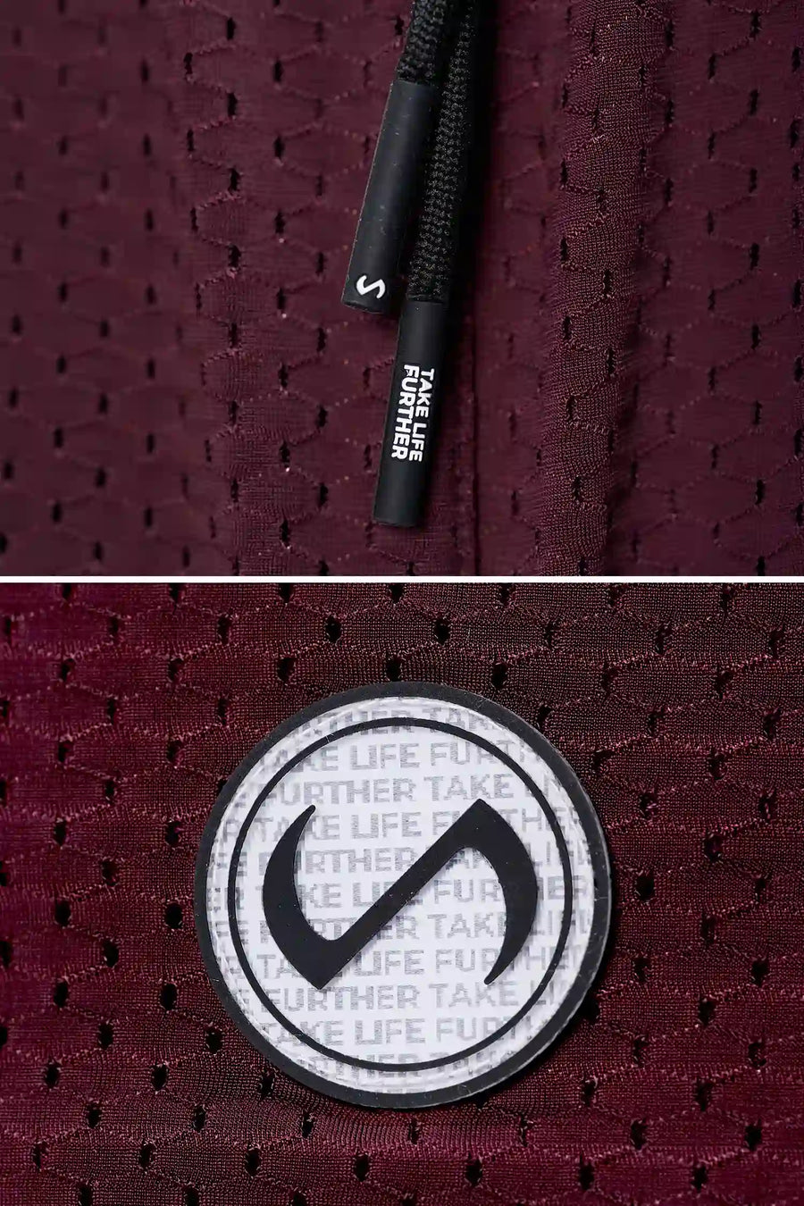 Maroon Reps Mesh 5 Inch Fitted Shorts showing Mesh Tech DNA™ fabric, side split hem construction, and premium details by TLF Apparel – detail view