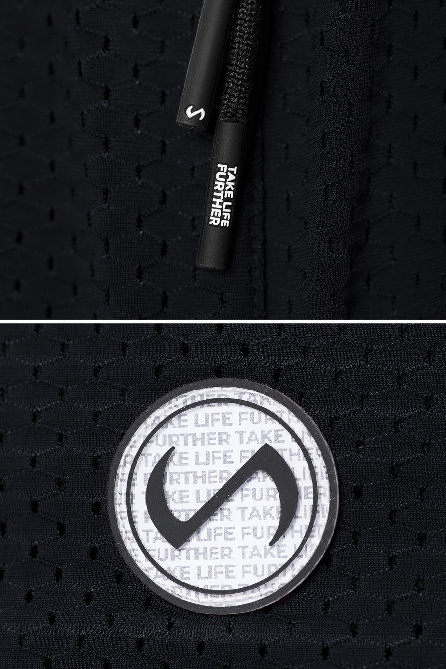 Black Reps Mesh 5 Inch Shorts showing Mesh Tech DNA™ fabric, side split hem construction, and premium details by TLF Apparel – detail view