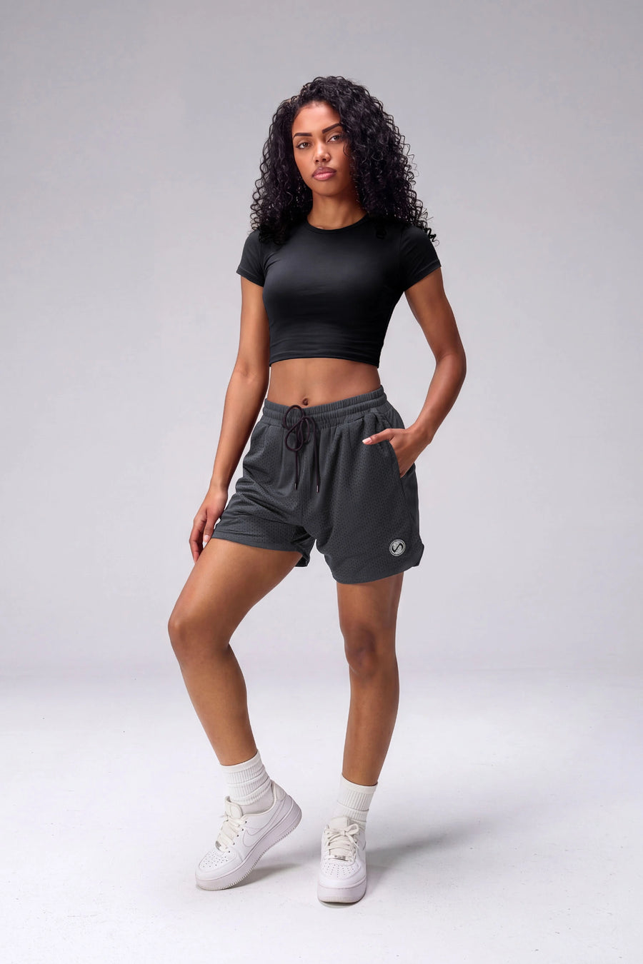 Grey Reps Mesh 5 Inch Shorts with lightweight breathable mesh fabric, zip pockets, and 4-way stretch performance for gym training and workouts by TLF Apparel – front view