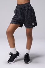 Black Splatter Print Reps Mesh 5 Inch Fitted Shorts with lightweight breathable mesh fabric, zip pockets, and 4-way stretch performance for gym training and workouts by TLF Apparel – front view
