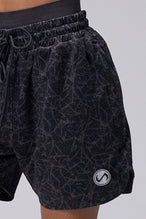 Black Splatter Print Reps Mesh 5 Inch Shorts showing Mesh Tech DNA™ fabric, side split hem construction, and premium details by TLF Apparel – detail view