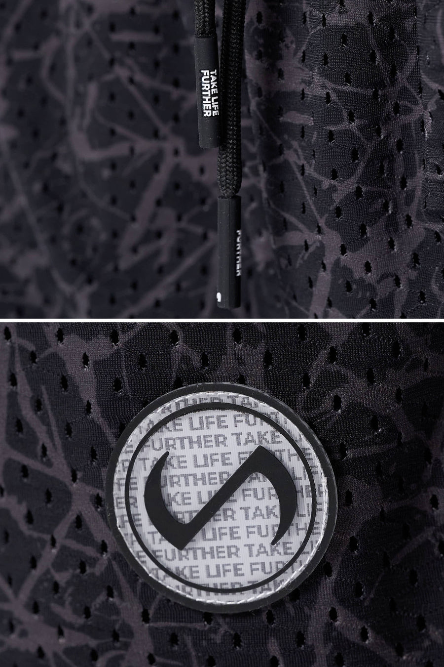 Black Splatter Print Reps Mesh 5 Inch Shorts showing Mesh Tech DNA™ fabric, side split hem construction, and premium details by TLF Apparel – detail view