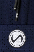 Navy Reps Mesh 5 Inch Shorts showing Mesh Tech DNA™ fabric, side split hem construction, and premium details by TLF Apparel – detail view