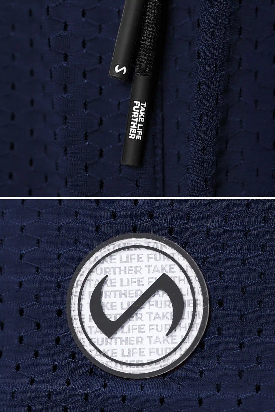 Navy Reps Mesh 5 Inch Shorts showing Mesh Tech DNA™ fabric, side split hem construction, and premium details by TLF Apparel – detail view