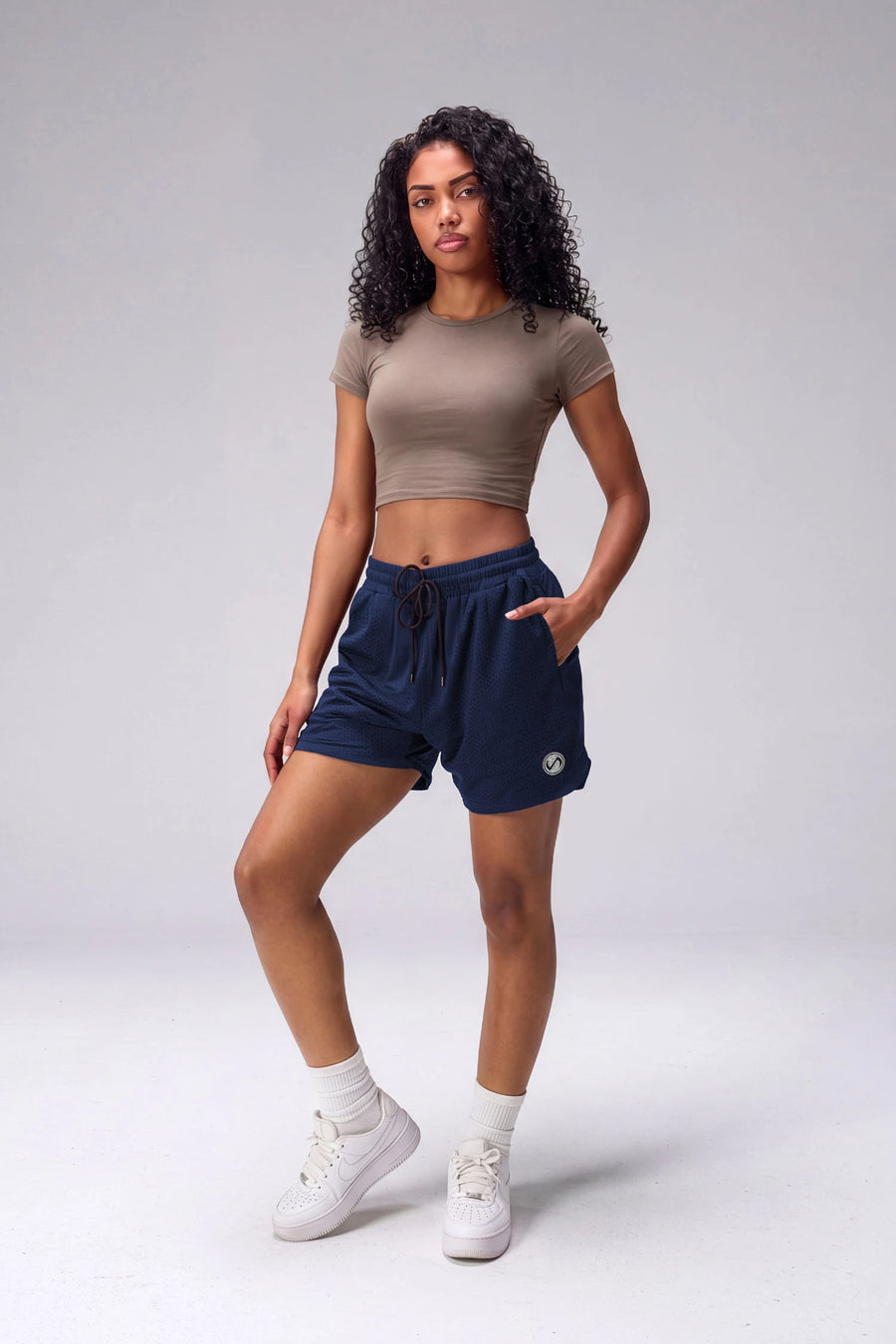 Navy Reps Mesh 5 Inch Shorts with lightweight breathable mesh fabric, zip pockets, and 4-way stretch performance for gym training and workouts by TLF Apparel – front view