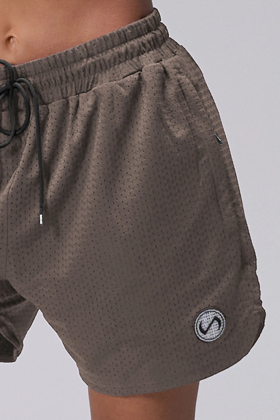 Taupe Reps Mesh 5 Inch Shorts showing Mesh Tech DNA™ fabric, side split hem construction, and premium details by TLF Apparel – detail view