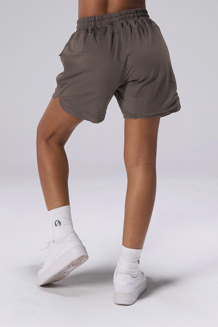 Taupe Reps Mesh 5 Inch Shorts showing fitted athletic silhouette and breathable mesh performance fabric by TLF Apparel – back view