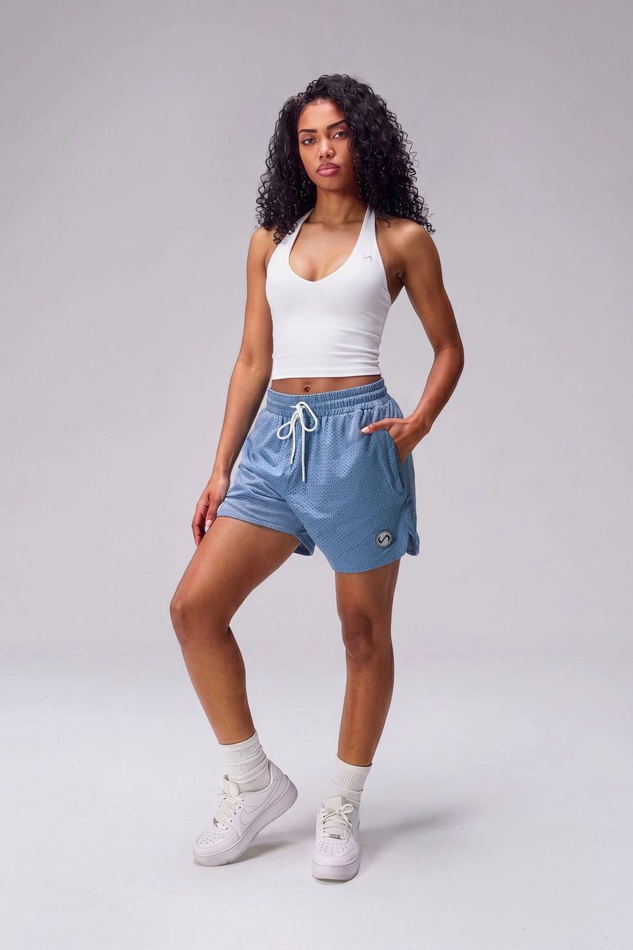 Light Blue Reps Mesh 5 Inch Shorts with lightweight breathable mesh fabric, zip pockets, and 4-way stretch performance for gym training and workouts by TLF Apparel – front view