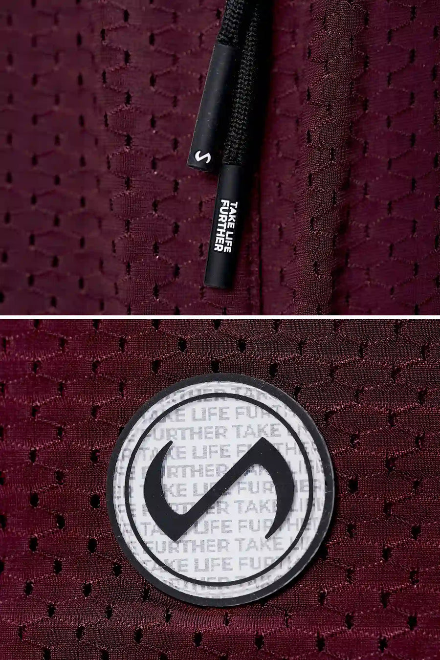 Maroon Reps Mesh 5 Inch Shorts showing Mesh Tech DNA™ fabric, side split hem construction, and premium details by TLF Apparel – detail view