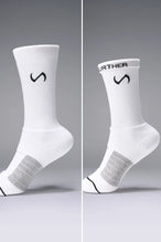 White Unisex Performance Crew Socks with medium cushioning, targeted compression, and jacquard foot mapping for support and comfort by TLF Apparel – side view 