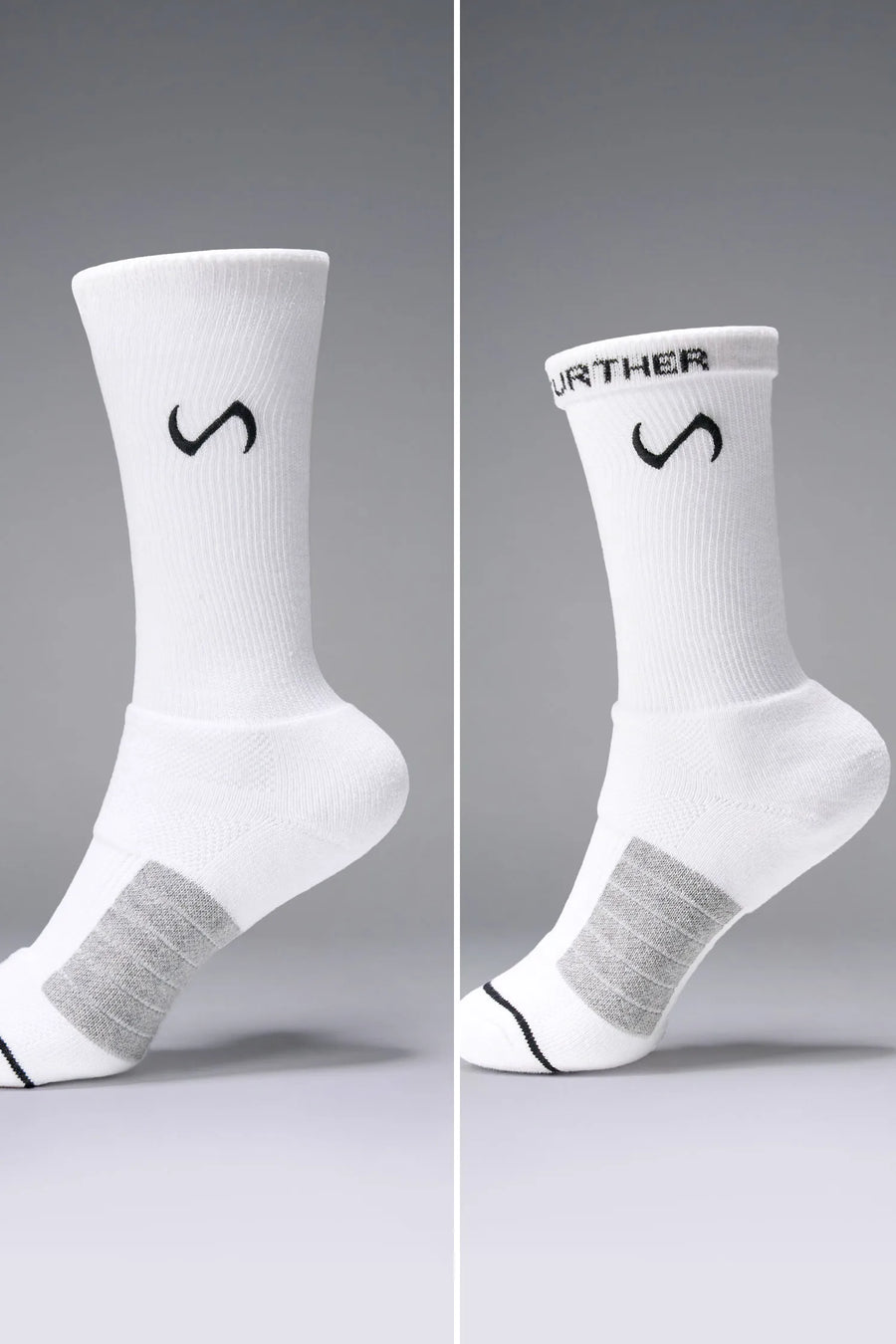 White Unisex Performance Crew Socks with medium cushioning, targeted compression, and jacquard foot mapping for support and comfort by TLF Apparel – side view 