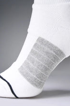 White Unisex Performance Crew Socks with medium cushioning, targeted compression, and jacquard foot mapping for support and comfort by TLF Apparel – side toe view 