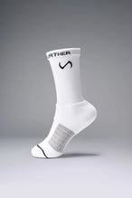 White Unisex Performance Crew Socks with medium cushioning, targeted compression, and jacquard foot mapping for support and comfort by TLF Apparel – side view 
