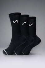 3 Pack Black Unisex Performance Crew Socks with medium cushioning, targeted compression, and jacquard foot mapping for support and comfort by TLF Apparel – side view 