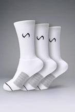 3 pack White Unisex Performance Crew Socks with medium cushioning, targeted compression, and jacquard foot mapping for support and comfort by TLF Apparel – side view 