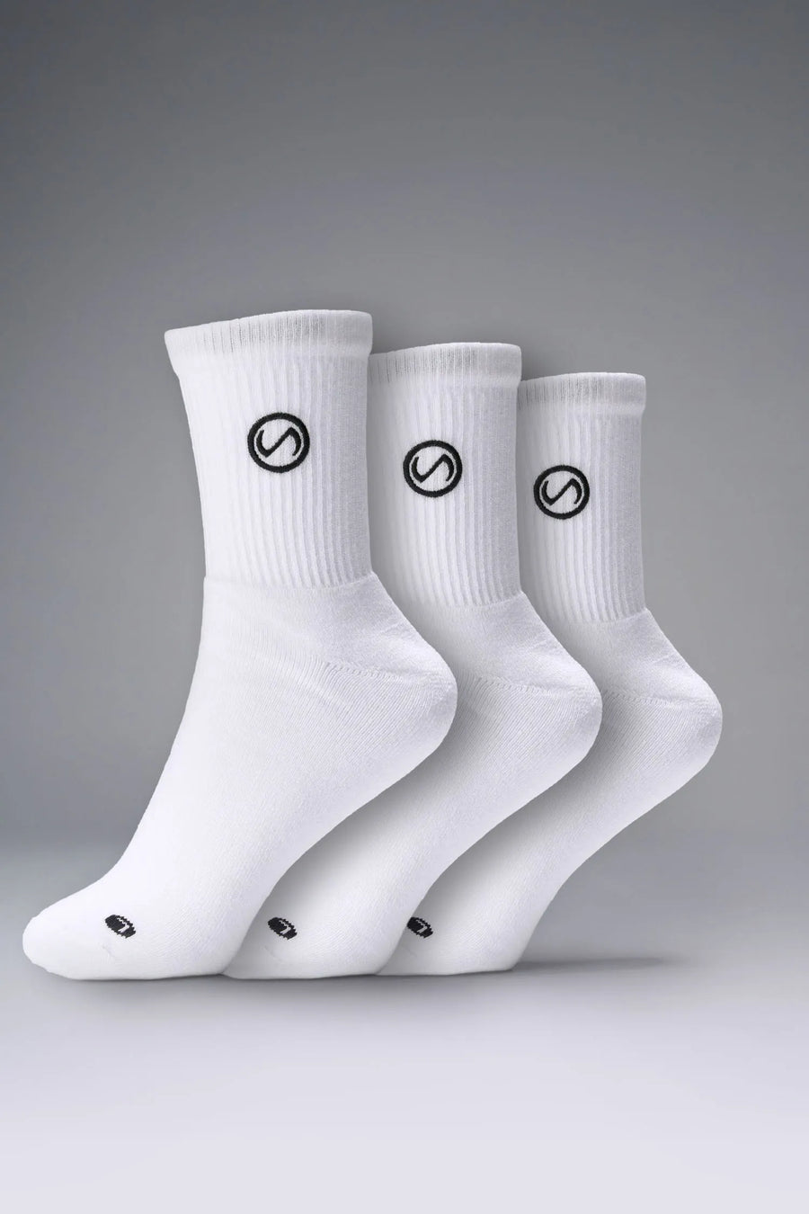 3 Pack Of White TLF Evolve Half Crew Socks featuring an extended cuff height, ribbed cuff, cushioned footbed and seamless toe