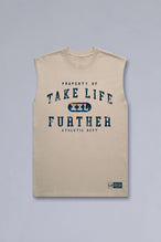 Front View of Tan TLF Property Of Heavy Cotton Muscle Tank featuring a distressed graphic design and raw edge arm holes. 