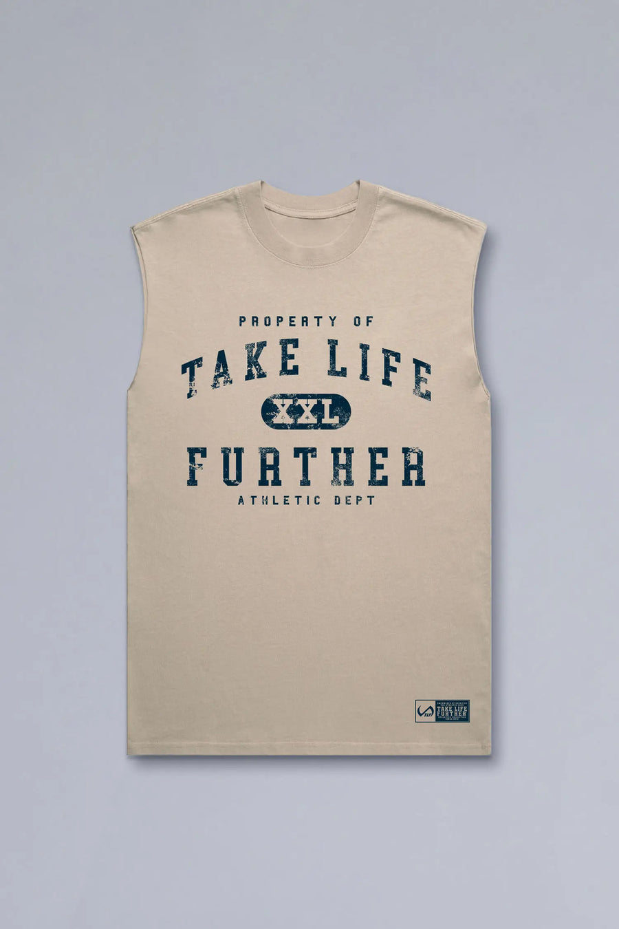 Front View of Tan TLF Property Of Heavy Cotton Muscle Tank featuring a distressed graphic design and raw edge arm holes. 